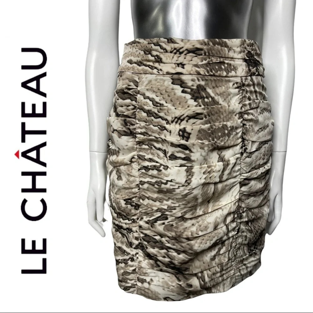 🛍️3/$40 Le Chateau Ruched Snakeskin  Skirt Back Zipper Tan Black Cream size 6